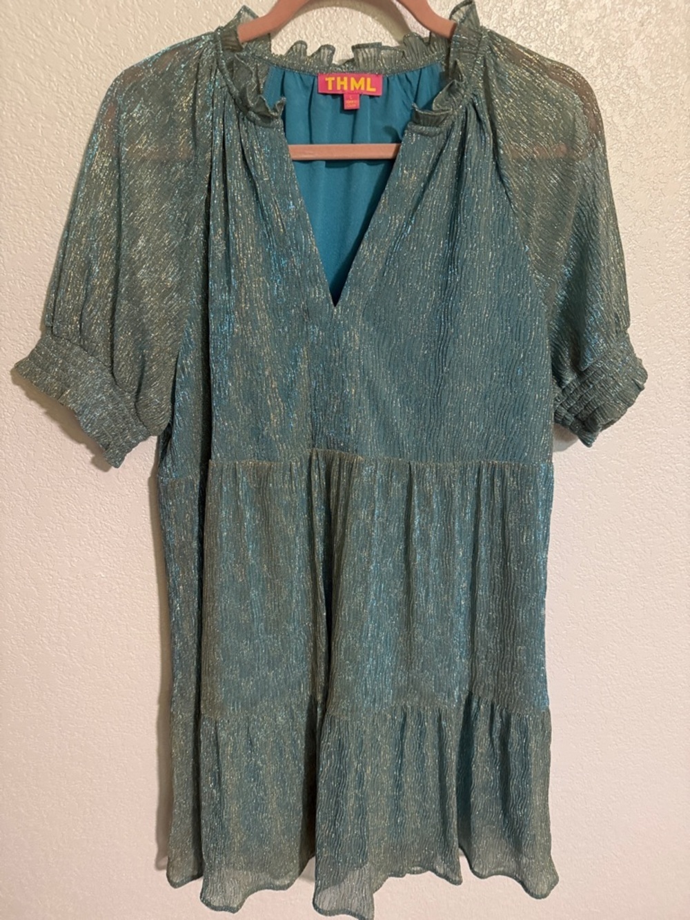THML Blue Shimmer Mermaid Mini Dress Tiered Skirt Size Large